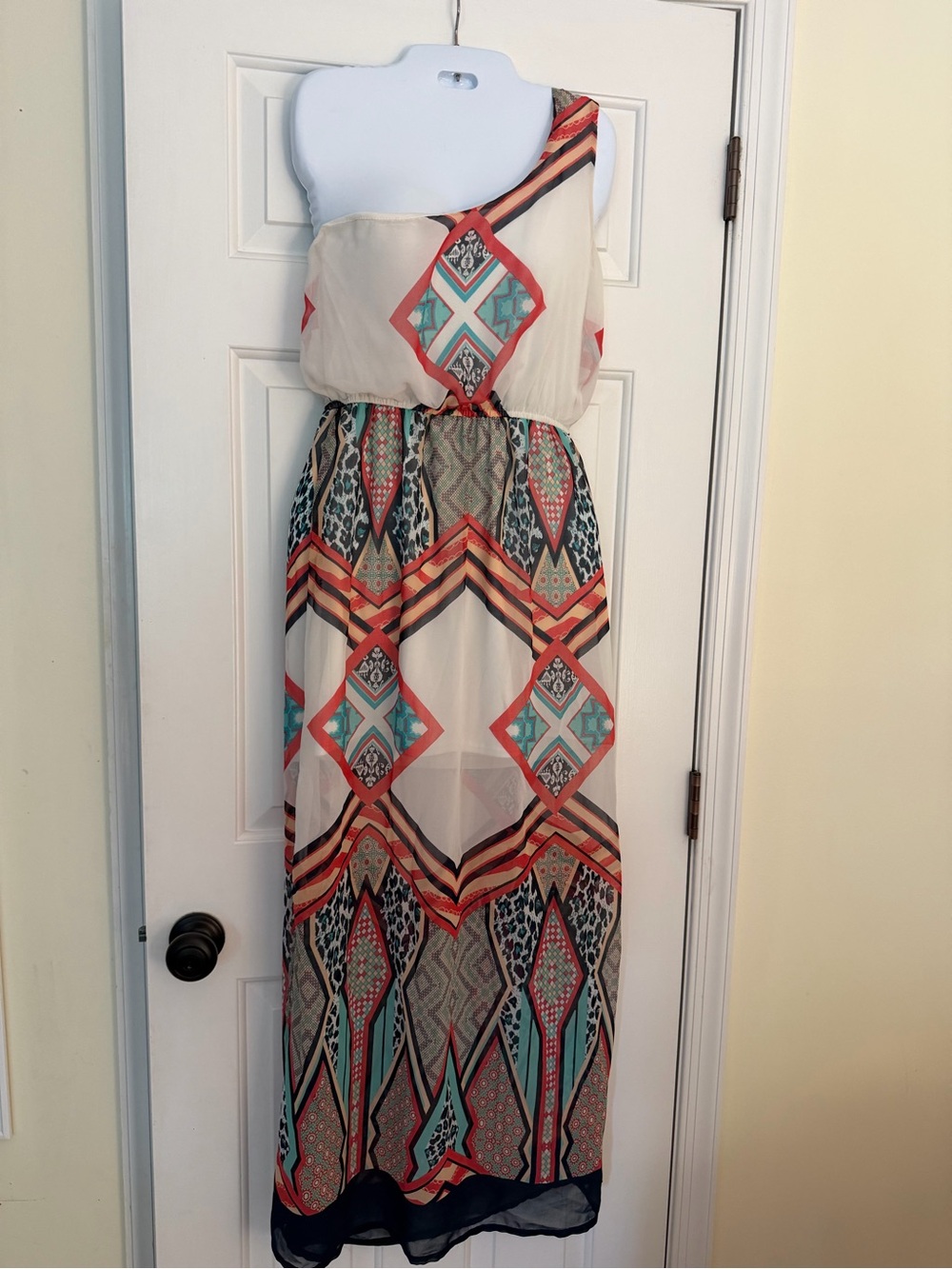 One Shoulder Geometric Boho Chiffon Maxi Dress Size M